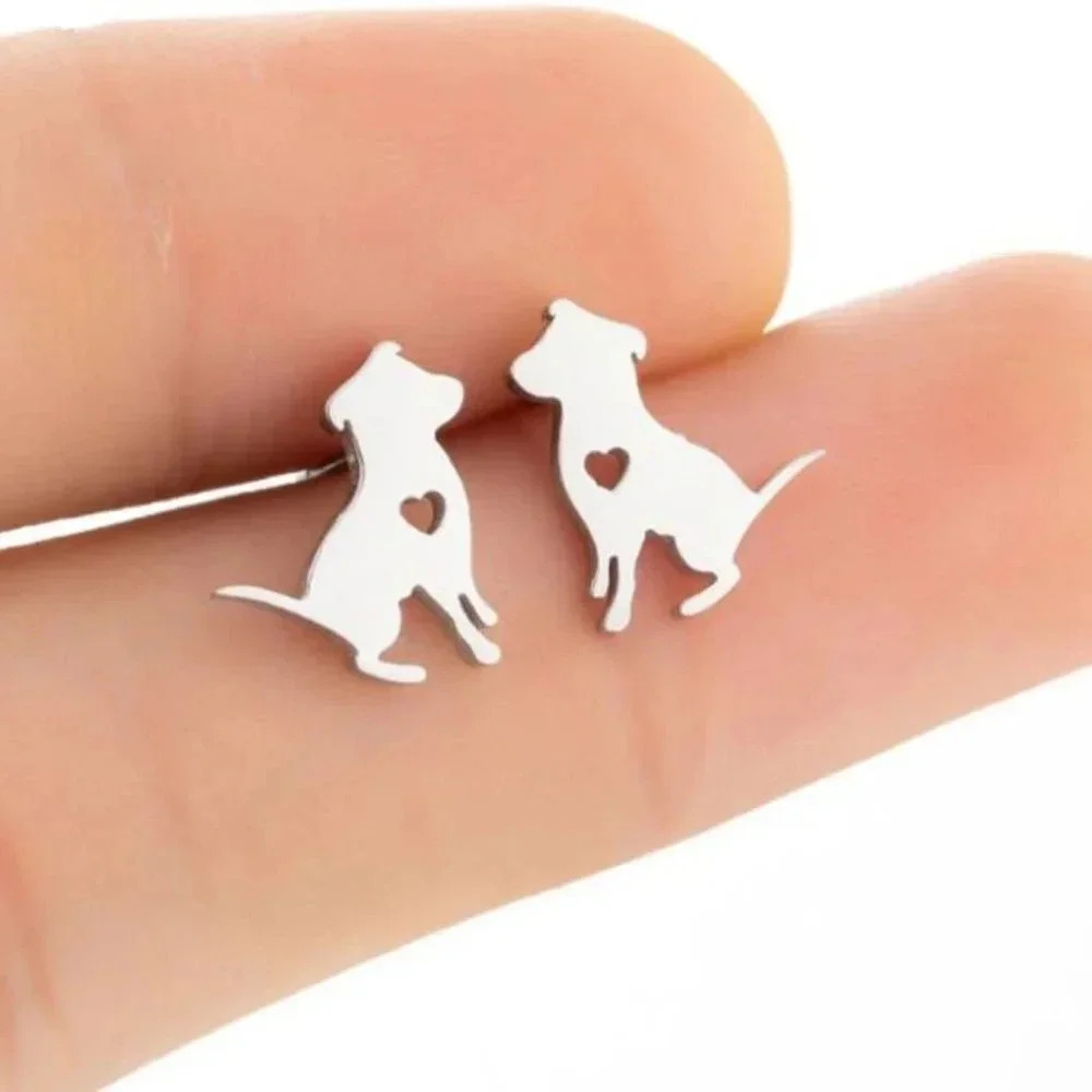 Dainty Dog Heart Stud Earrings Silver or Gold